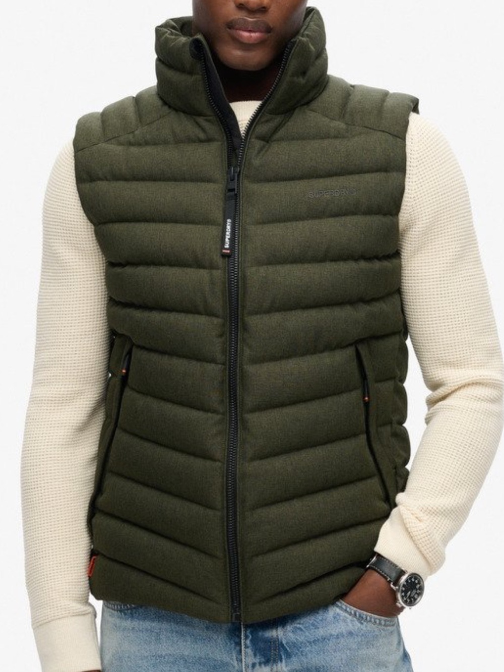Superdry Tweed Fuji Gilet Padded Puffer Vest Army Khaki Green Men XXL Waterproof